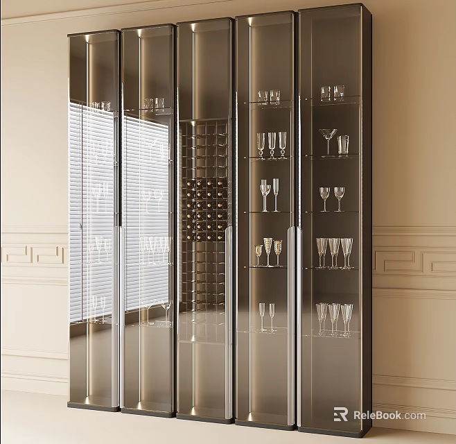 Elegant Modern Wine Cabinet With Metal Frame Glass Doors And Wine Glasses Bottles 3d model 