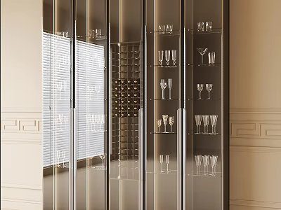 Elegant Modern Wine Cabinet With Metal Frame Glass Doors And Wine Glasses Bottles 3d model