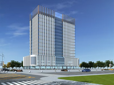 Modern Urban Office Building with Glass Facade and Tall Structure Surrounded by Greenery and Roads 3d model