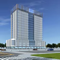 Modern Urban Office Building with Glass Facade and Tall Structure Surrounded by Greenery and Roads