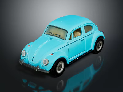 Classic Blue Beetle Car Model With Vintage Design On Reflective Surface 3d model