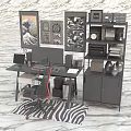 Modern Black Office Desk With Ergonomic Chair Bookshelf Monitor Documents Decor And Zebra Print Rug