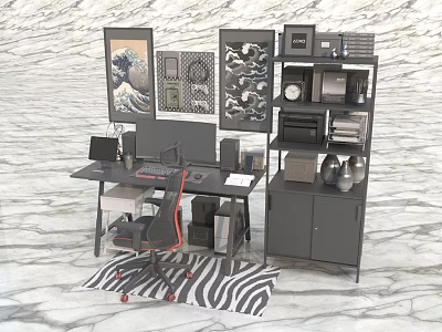 Modern Black Office Desk With Ergonomic Chair Bookshelf Monitor Documents Decor And Zebra Print Rug 3d model