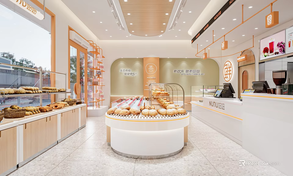 Dessert Shop Interior Design With Glass Display Cases Fresh Pastries And Round Counter 3d model 
