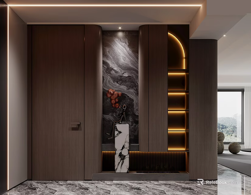 Modern Shoe Cabinet With Elegant Design LED Lighting And Landscape Painting Marble Floor 3d model 