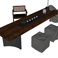 Solid Wood Tea Table with Rattan Chair Stone Stools and Tea Tray Setup 3d model