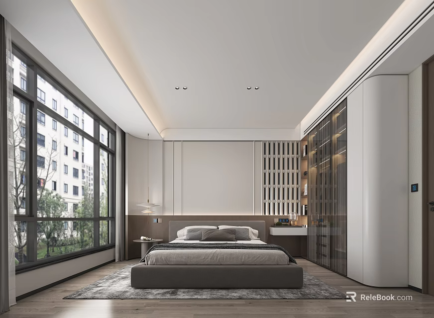 Modern Bedroom Interior Design With Large Bed Floor To Ceiling Windows And Greenery Outside 3d model 
