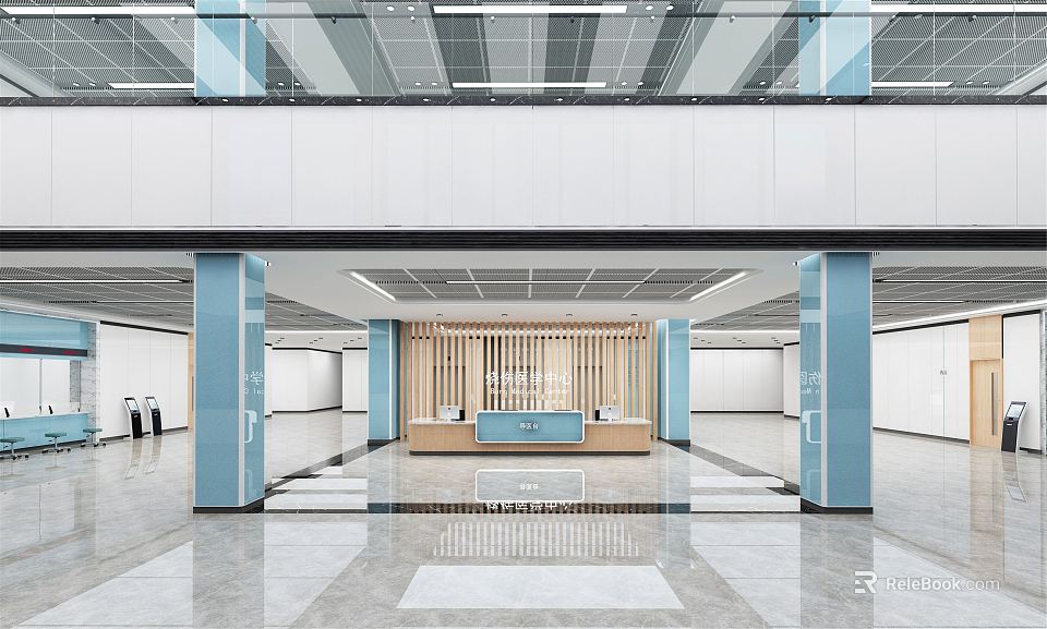 Hospital Outpatient Clinic Spacious Lobby With Modern Reception Desk Blue Pillars And Marble Floor 3d model 