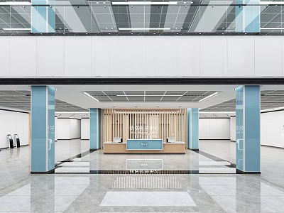 Hospital Outpatient Clinic Spacious Lobby With Modern Reception Desk Blue Pillars And Marble Floor 3d model