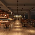 Inviting Café Interior Design With Wooden Alcohol Drinks Shelves Bar Counter Tables And Chairs
