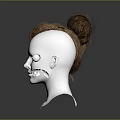 3D Character Female Head Model Featuring Brown Bun Hairstyle White Facial Details And Gray Background