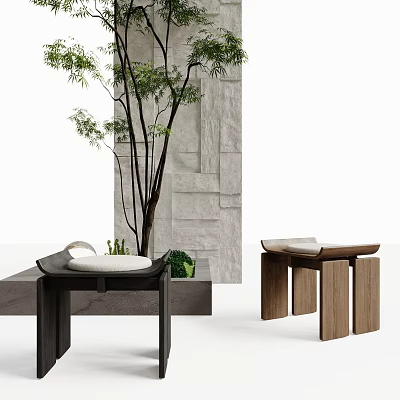 Modern Black And Wooden Stools With Green Plant Near Stone Wall Background 3d model