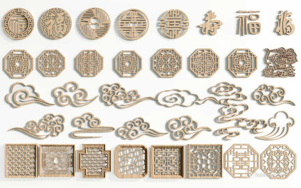 Traditional Chinese Wood Carvings With Circular Octagonal Shapes Cloud Patterns And Characters 3d model 