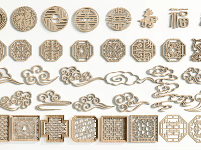 Traditional Chinese Wood Carvings With Circular Octagonal Shapes Cloud Patterns And Characters 3d model