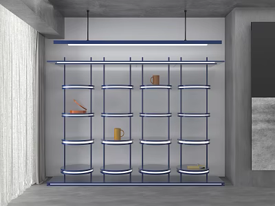 Modern Blue Frame Shelving Unit With Circular Shelves And Decor Items In Contemporary Interior 3d model