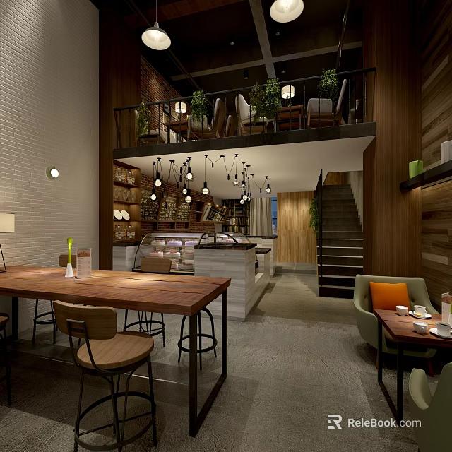 Modern Café Interior With Wooden Elements Hanging Lights Staircase And Green Plants 3d model 