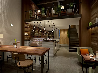 Modern Café Interior With Wooden Elements Hanging Lights Staircase And Green Plants 3d model