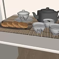 Ceramic Black Gray Tea Set With Tray Bamboo Mat And Biscuits By Window Blinds