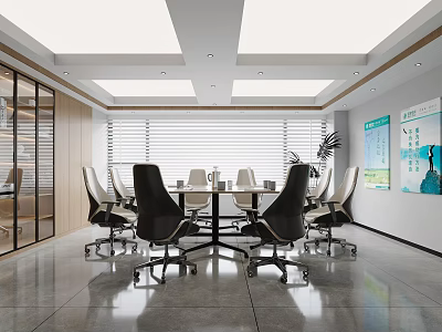 Modern Conference Room With Ergonomic Chairs Meeting Table Ceiling Lights And Glass Partitions 3d model