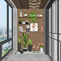 Home Balcony Interior With Green Plants Pegboard Wall Shelves Decorative Figurines And City View Window