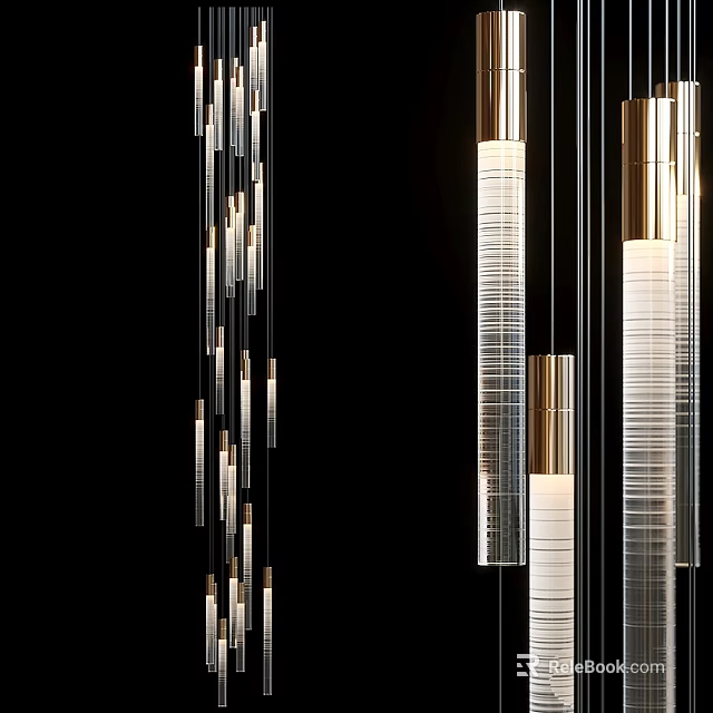 Sleek Modern Chandelier With Hanging Metal Tubes And White Glass Panels 3d model 
