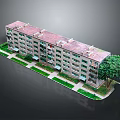 Residential Building Model With Red Roof Green Lawn Trees And Sidewalk