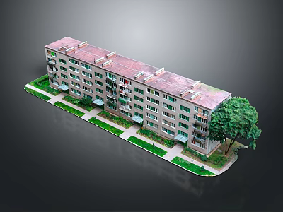 Residential Building Model With Red Roof Green Lawn Trees And Sidewalk 3d model