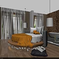 Hotel Room Interior With Round Bed Yellow Blanket White Pillows Large Windows And Bathtub