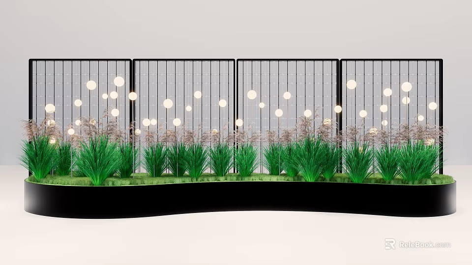 Outdoor Commercial Equipment With Black Fence White Spherical Lights Green Grass And Black Wavy Base 3d model 