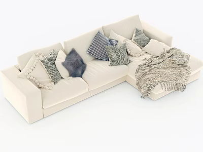 Cozy Beige Sectional Sofa With Striped And Solid Pillows And Knit Blanket 3d model