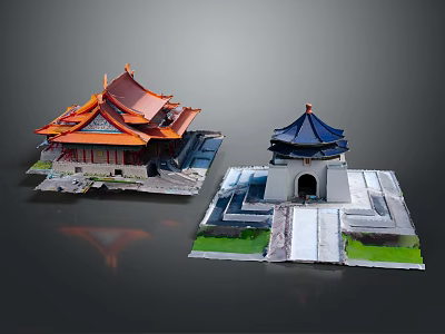 Traditional Chinese Ancient Architecture Models With Red Blue Roofs And Classic Design 3d model