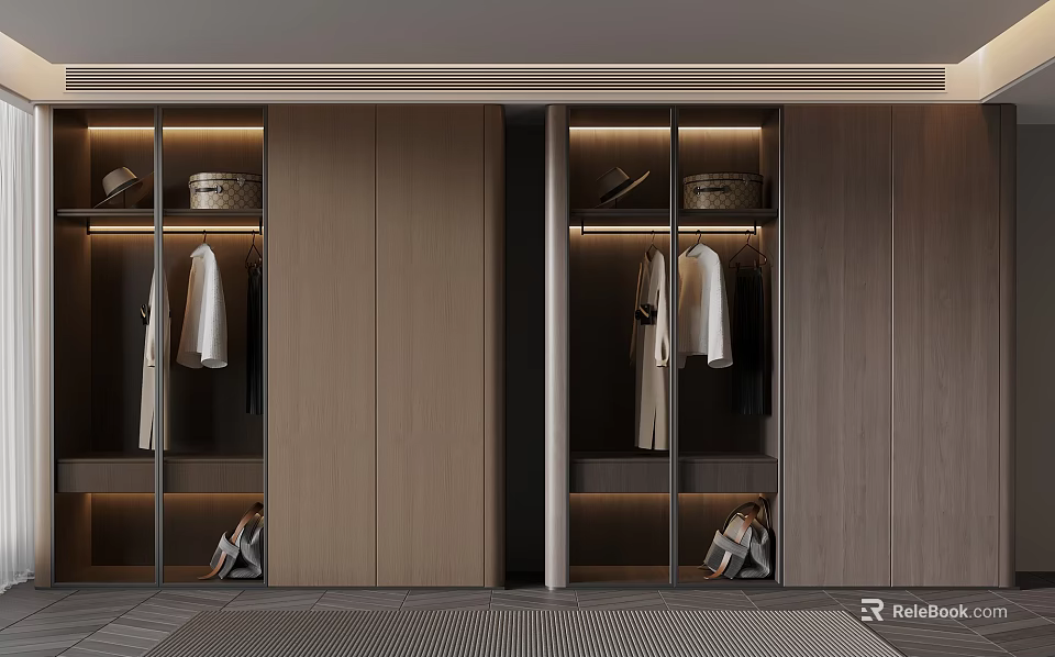 Modern Wooden Wardrobe Interior With Hanging Clothes Storage Baskets And Lighting 3d model 