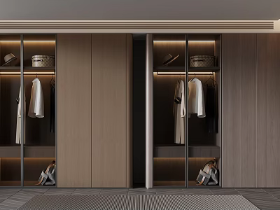 Modern Wooden Wardrobe Interior With Hanging Clothes Storage Baskets And Lighting 3d model