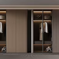 Modern Wooden Wardrobe Interior With Hanging Clothes Storage Baskets And Lighting