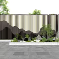 Modern Scenic Wall With Mountain Pattern Design And Green Plants In Courtyard 3d model