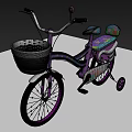 Purple Kids Bicycle with White Basket Cartoon Patterns and Training Wheels