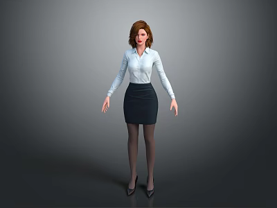 Professional Woman in White Shirt Black Skirt and High Heels on Gray Background 3d model