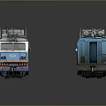 Three Blue And White Train Models Lined Up On Dark Reflective Surface 3d model