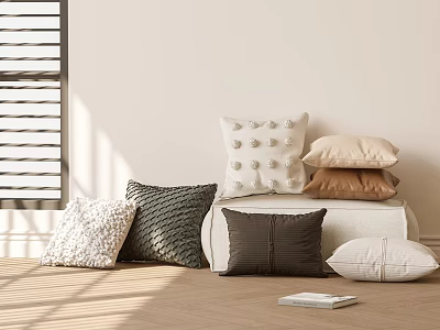 Soft Decorative Throw Pillows With Various Textures And Neutral Colors On Wooden Floor In Bright Room 3d model
