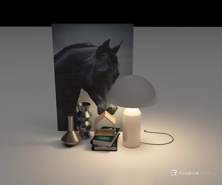 White Table Lamp With Decorative Horse Painting Vase Books And Small House Model 3d model 