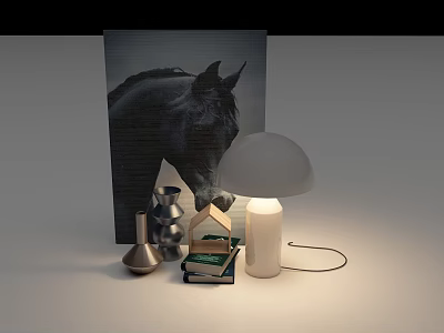 White Table Lamp With Decorative Horse Painting Vase Books And Small House Model 3d model