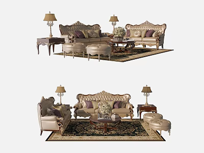 Classic Living Room Sofa and Coffee Table Set With Carved Details Lamps and Area Rug 3d model