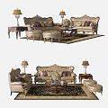 Classic Living Room Sofa and Coffee Table Set With Carved Details Lamps and Area Rug