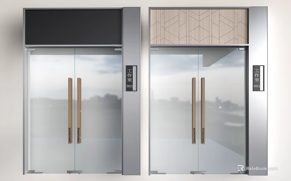 Modern Glass Double Doors Featuring Wooden Handles Metal Frames And Top Design 3d model 