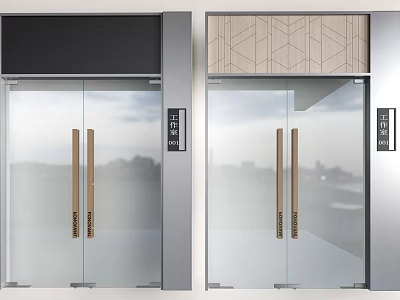Modern Glass Double Doors Featuring Wooden Handles Metal Frames And Top Design 3d model