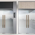 Modern Glass Double Doors Featuring Wooden Handles Metal Frames And Top Design