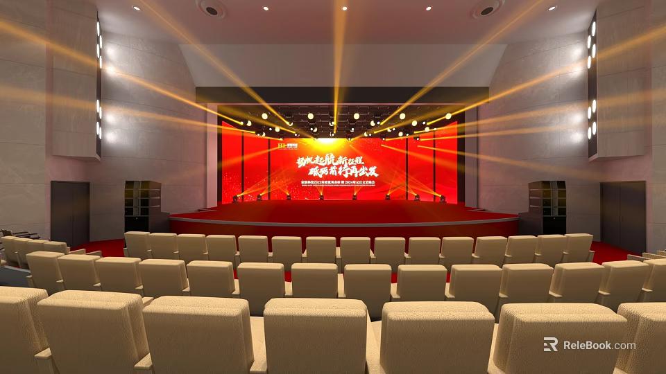 Formal Auditorium Interior With Red Stage Beige Seats And Stage Lights 3d model 