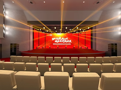Formal Auditorium Interior With Red Stage Beige Seats And Stage Lights 3d model