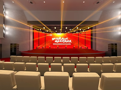 Formal Auditorium Interior With Red Stage Beige Seats And Stage Lights 3d model
