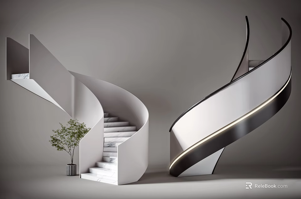 Modern Spiral Stairs Design With Marble Steps LED Light Strip And Potted Plant 3d model 